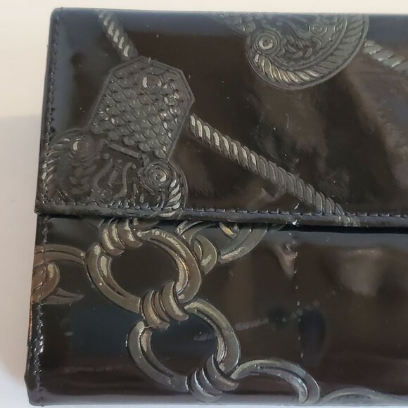 Vintage Italian Leather Wallet with Chain Rope Black Flowers and Balls Design - Picture 5 of 8